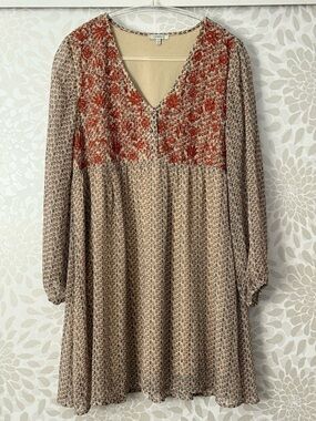 Jodifl Women’s S Beige Orange Boho Flower Embroidered Babydoll Short Dress